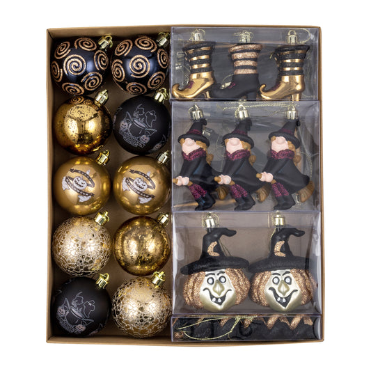 DecorbyHannah Halloween Tree Ornaments Decorations Indoor, 40ct Black Gold Hanging Halloween Ornaments Set for Small Tree with Witches Ornaments, Scary Shatterproof Plastic Ball for Home Party Decor
