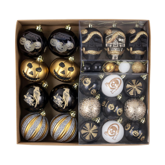 DecorbyHannah Halloween Tree Ornaments Decorations Indoor, 60ct Large Black Gold Hanging Halloween Ornaments Set for Tree with Skulls and Jack-o'-Lantern, Scary Shatterproof Ball for Party Home Decor