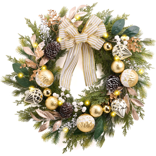 DecorbyHannah 24" Pre-Lit Christmas Wreath for Front Door with Lights, Large Gold White Lighted Christmas Wreaths for Window with Bow Ornaments, Battery Operated Outdoor Winter Xmas Wreath Decor