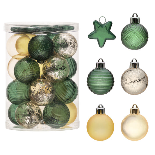 DecorbyHannah Mini Christmas Tree Ornaments, 25ct 1.57inches Green Gold Christmas Ball Ornaments for Tree Decorations, Small Clear Shatterproof Plastic Hanging Balls Bulk for Xmas, Party, Wedding