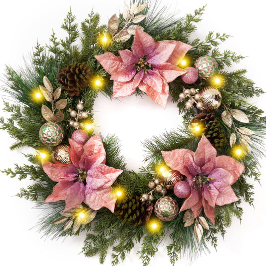DecorbyHannah 24" Pre-Lit Christmas Door Wreath with Lights, Large Lighted Pink Christmas Wreaths for Window with Poinsettias Ornaments, Battery Operated Outdoor Winter Xmas Wreath Decor