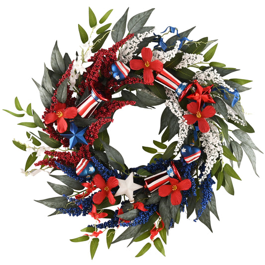 DecorbyHannah Patriotic Memorial Day Wreath for Front Door, 22 Inch 4th of July Wreaths, Collasible Red White Blue Wheat Door Wreath Decorations with Ornaments for Porch for Independence Holiday Day