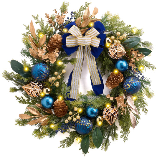 DecorbyHannah 24" Pre-Lit Christmas Wreath for Front Door with Lights, Large Blue Bronze Lighted Christmas Wreaths for Window with Bow Ornaments, Battery Operated Outdoor Winter Xmas Wreath Decor
