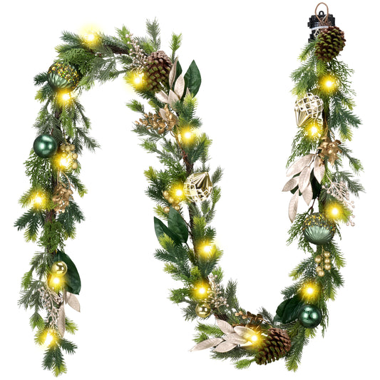 DecorbyHannah Christmas Garland with Lights, 9Ft Prelit Christmas Garland for Mantle, Stairs Railing, Lighted Xmas Garlands with Pine Cone, Bow Ornaments for Home Outdoor Decor(Green Gold)
