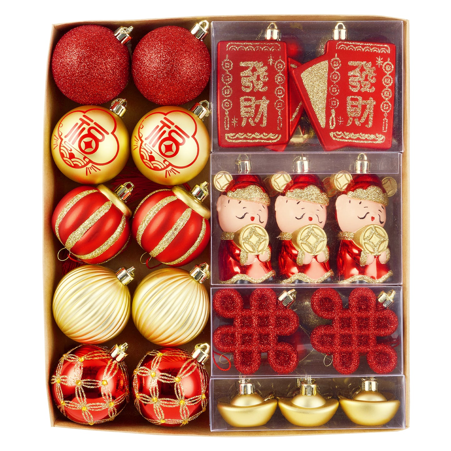 DecorbyHannah Chinese Lunar New Year Decorations 2026, 40ct Red and Gold Christmas Ornaments for Tree with Red Envelopes, God of Wealth, Lanterns, Gold Ingots,Shatterproof Balls for Party, Home Decor