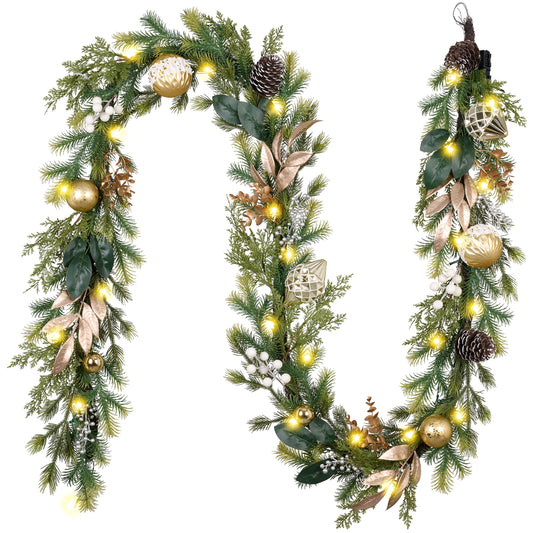 Decorbyhannah Christmas Garland with Lights, 9ft Prelit Artificial Greenery Garland Christmas Decorations with Pinecone and Gold White Ornaments, Battery Operated Garlands for Wedding