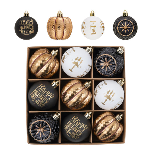 DecorbyHannah Halloween Tree Ornament Decorations Indoor, 60mm Black Gold Hanging Halloween Ornaments for Small Tree with Pumpkins, Shatterproof Plastic Christmas Ball for Home Party Decor (9ct)