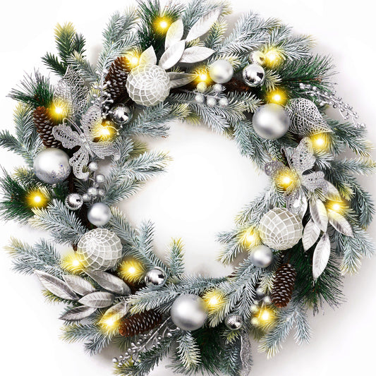 DecorbyHannah 24" Pre-Lit Christmas Wreath with Lights, Large Silver Lighted Christmas Wreaths for Front Door Window with Ornaments, Battery Operated Outdoor Xmas Wreath for Winter Holiday Decor