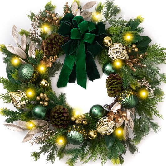 DecorbyHannah 24" Pre-Lit Christmas Wreath for Front Door with Lights, Large Green Gold Lighted Christmas Wreaths for Window with Bow Ornaments, Battery Operated Outdoor Winter Xmas Wreath Decor
