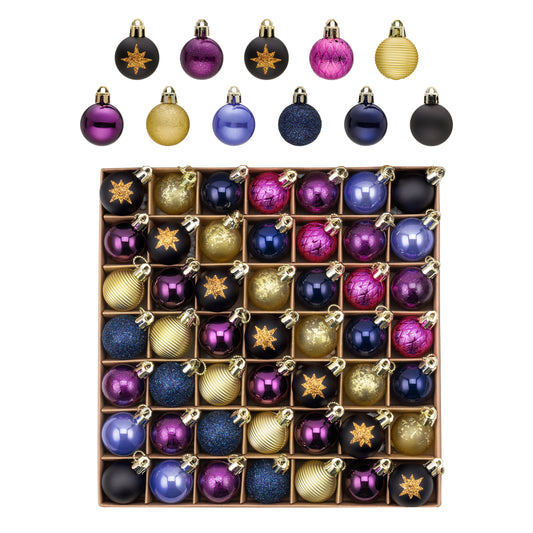 DecorbyHannah Small Christmas Tree Ornaments, 49ct 1.18inches Mini Purple and Gold Christmas Ornaments Tree Decorations, Shatterproof Witches Theme Small Hanging Bulbs Ornament for Halloween Party