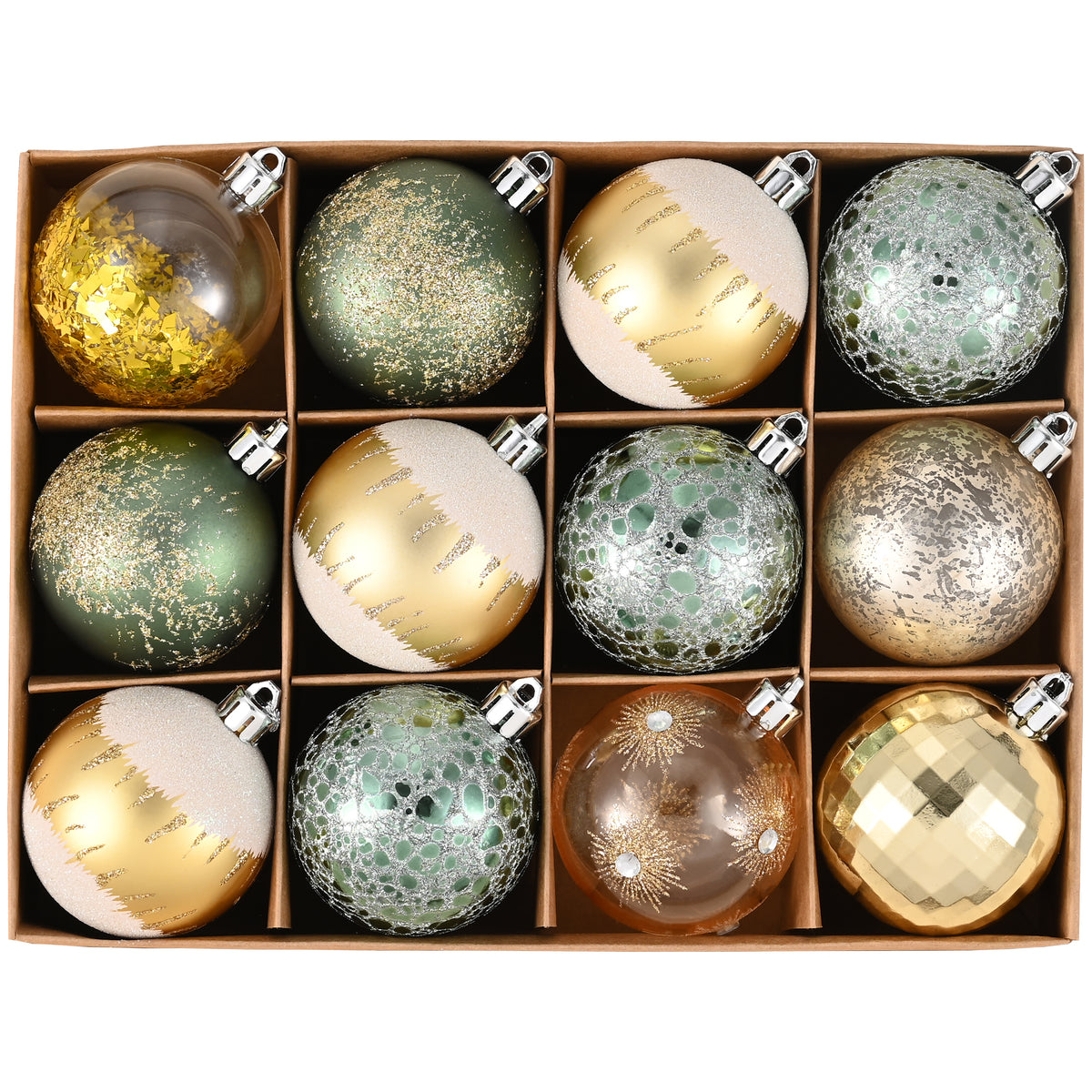 DecobyHannah 12ct Green Gold Christmas Ornaments Tree Decorations, 2.36Inch