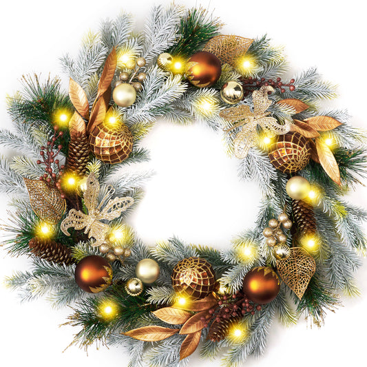 DecorbyHannah 24" Pre-Lit Christmas Wreath with Lights, Large Brown Lighted Christmas Wreaths for Front Door Window with Ornaments, Battery Operated Outdoor Xmas Wreath for Winter Holiday Decor