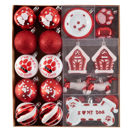 DecorbyHannah Red White Christmas Ornaments Set, 40ct Assorted Unique Dog Theme Christmas Tree Decorations, Shatterproof Hanging Ball Ornaments Bulk for Xmas Modern Home Party Holiday Table Decor