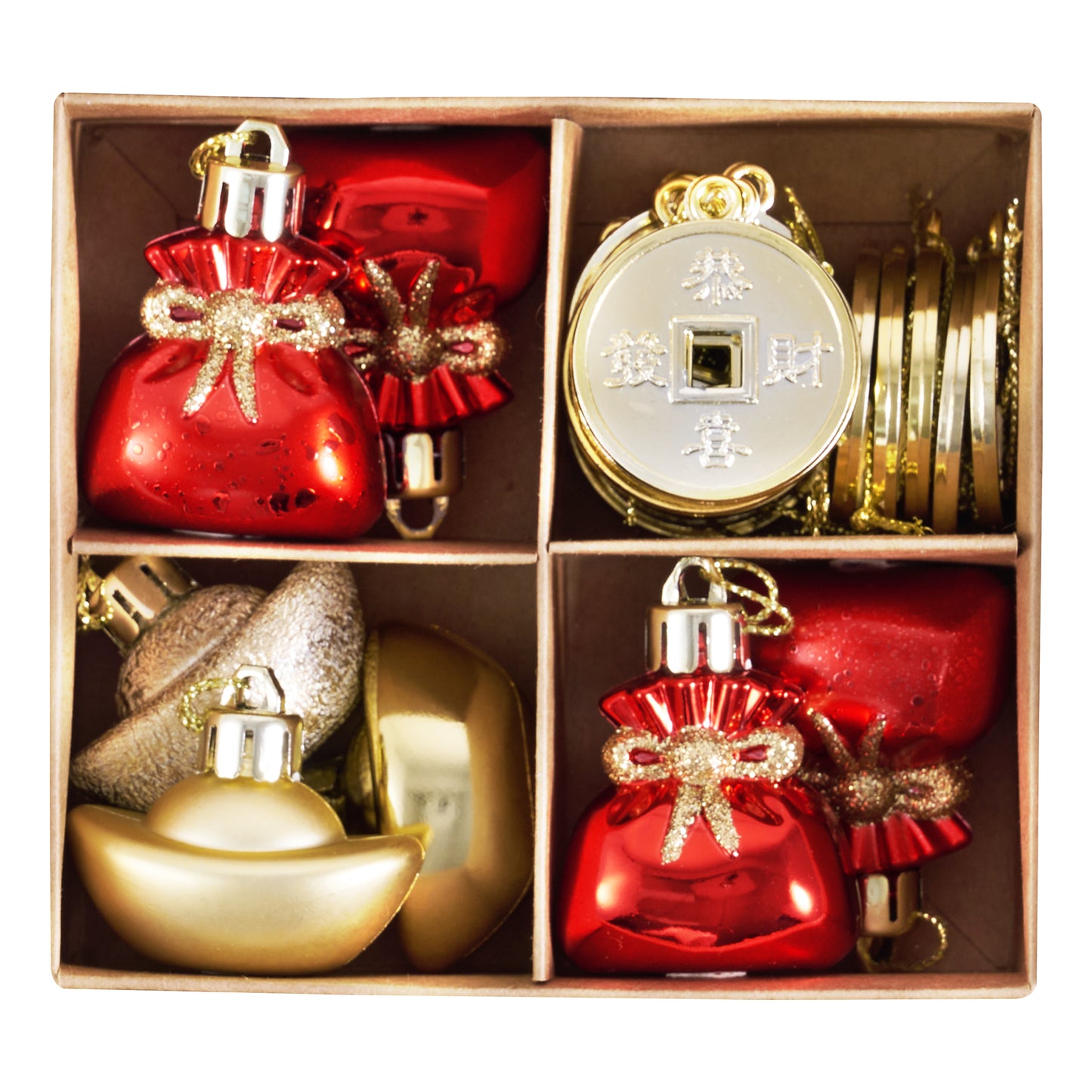 DecorbyHannah Chinese Lunar New Year Decorations 2026, 18ct Red and Gold Christmas Ornaments for Small Tree with Lucky Bags, Copper Coins, Gold Ingots,Shatterproof Mini Balls for Party, Home Decor