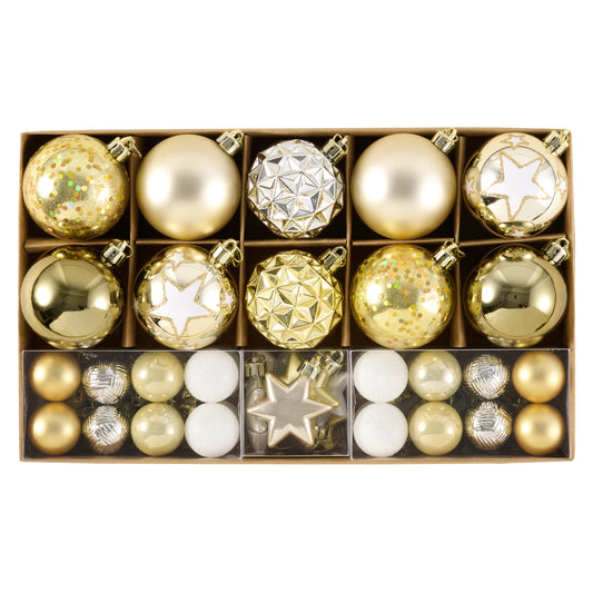 DecorbyHannah Christmas Tree Ornaments Set, 50ct Celestial Gold White Christmas Ornaments for Tree Decorations, Assorted Shatterproof Plastic Hanging Ball Bulk for Xmas Holiday Indoor Party Decor