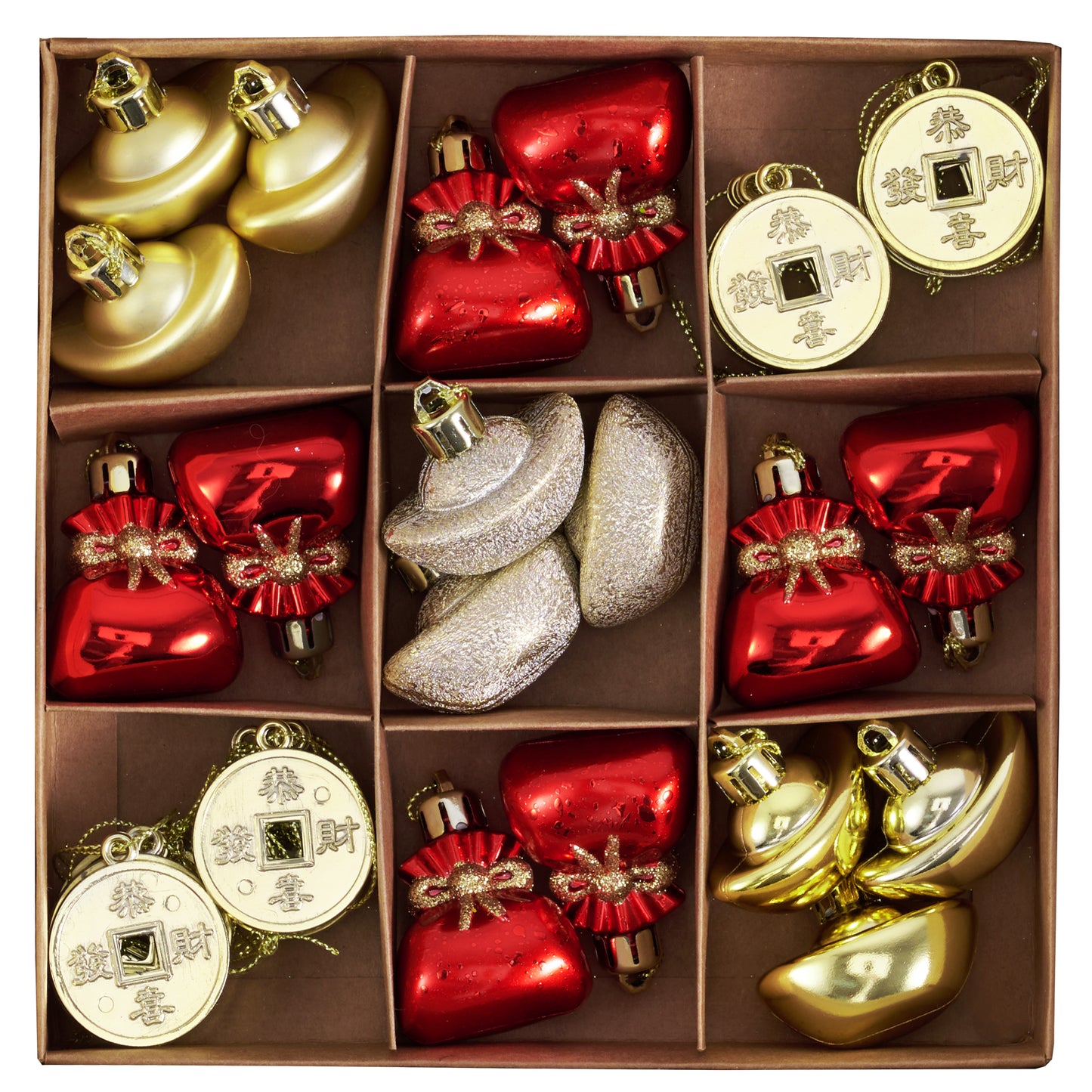 DecorbyHannah Chinese Lunar New Year Decorations 2026, 45ct Red and Gold Christmas Ornaments for Small Tree with Lucky Bags, Copper Coins, Gold Ingots,Shatterproof Mini Balls for Party, Home Decor
