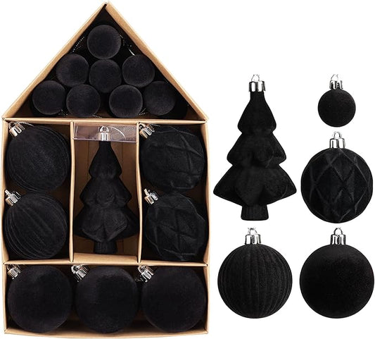 DecorbyHannah Velvet Christmas Ornaments, 24ct Black Velvet Ornaments for Christmas Halloween Tree Decor, Shatterproof Flocked Christmas Tree Ornaments Decorations for Home, Fall, Thanksgiving