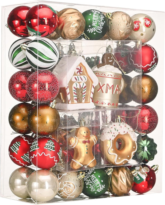 DecorbyHannah Gingerbread Man Christmas Ornaments Set,100ct Shatterproof Red Green Gold Christmas Tree Ornaments Bulk with House,Assorted Decorative Hanging Ball Ornaments for Xmas Tree Decoration