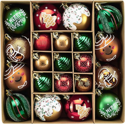 DecorbyHannah Christmas Ornaments Decorations,21ct Red Green Gold Christmas Tree Ornaments Set, Shatterproof Gingerbread Theme Decorative Hanging Ball Ornaments for Christmas Tree Table Decor