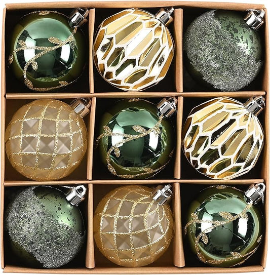DecorbyHannah Christmas Ornaments, Green Gold Christmas Tree Decorations, 9ct 60mm Shatterproof Hanging Geometric Christmas Ball Ornaments for Tree, Home Indoor Party Decor