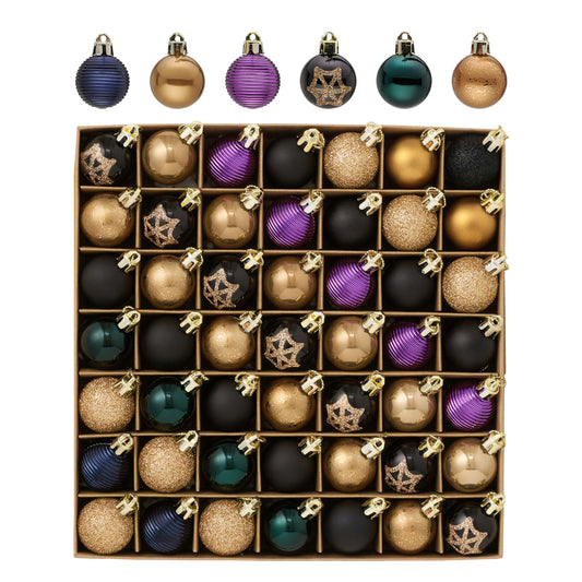 DecorbyHannah Halloween Tree Ornaments Decorations Indoor, 49ct Mini Black Gold Hanging Halloween Ornament for Small Tree with Spider Web, 1.18inch Shatterproof Plastic Ball for Home Party Table Decor
