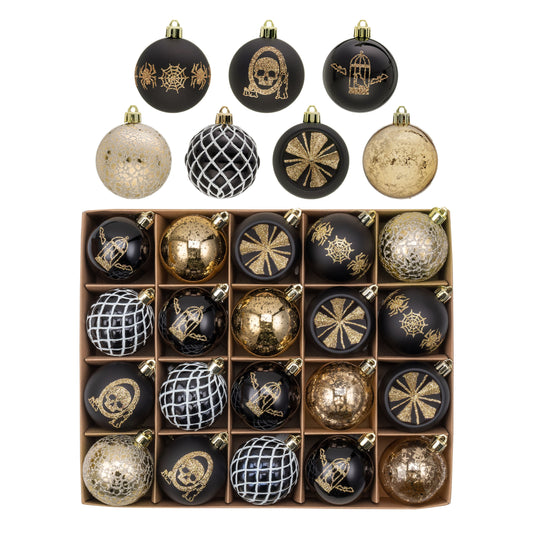 DecorbyHannah Halloween Tree Ornament Decorations Indoor, 20ct 2.36inch Black Gold Hanging Halloween Ornaments for Small Tree with Skull, Shatterproof Plastic Christmas Ball for Home Party Decor