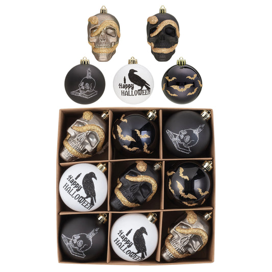 DecorbyHannah Halloween Tree Ornament Decorations Indoor, 3.15inch Large Black Scary Skull Halloween Ornaments for Tree, Spooky Shatterproof Hanging Plastic Ball for Home Party Table Decor (9ct)