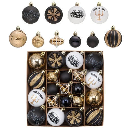 DecorbyHannah Halloween Tree Ornaments Decorations Indoor, 21ct Black Gold Hanging Gothic Halloween Ornaments for Small Tree with Skulls, Spooky Shatterproof Plastic Ball for Home Party Table Decor