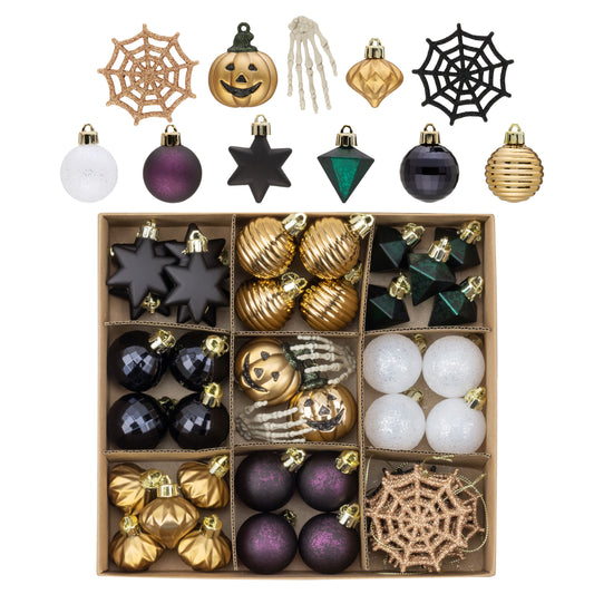 Decor by Hannah Halloween Tree Ornaments Decorations Indoor, 45ct Mini Black Gold Hanging Halloween Ornaments for Small Tree with Skeleton Hand, Jack-o'-Lantern and Spider Web for Home Party Table Decor