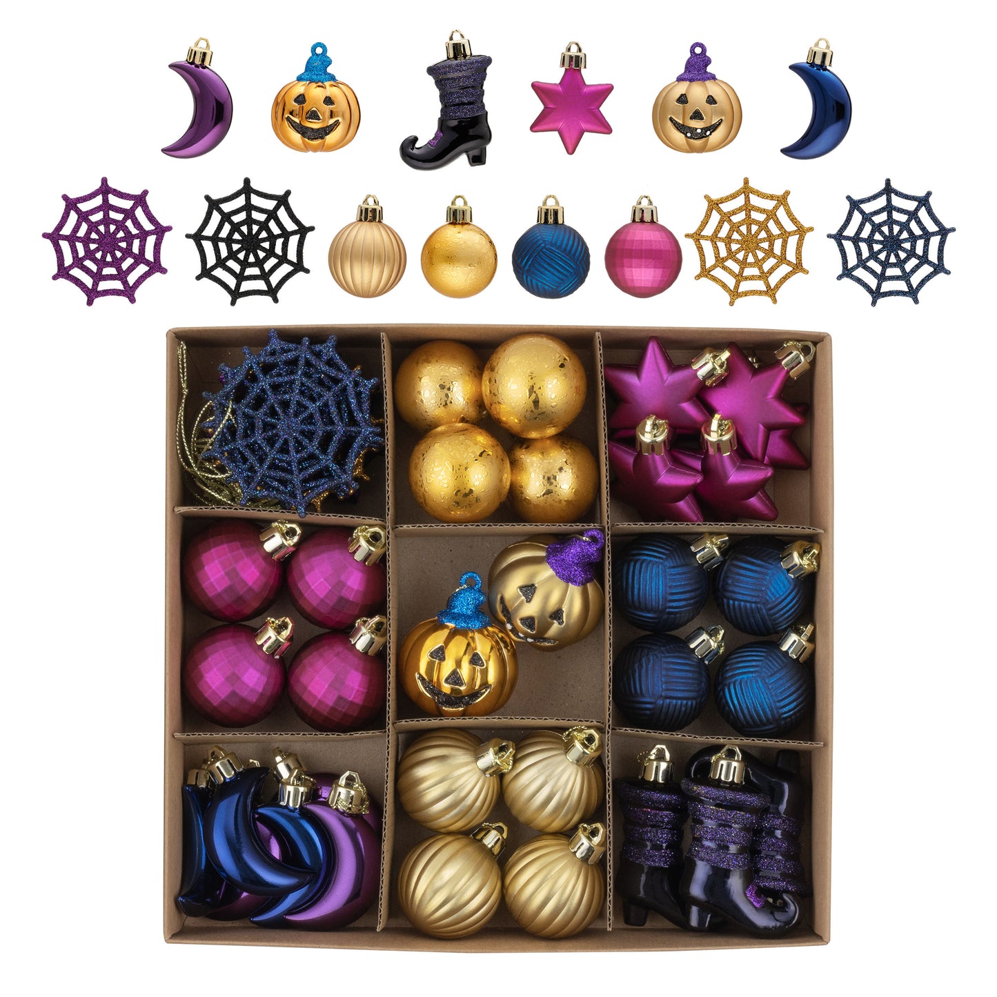DecorbyHannah Halloween Tree Ornaments Decorations Indoor, 45ct Mini Hanging Halloween Ornaments for Small Tree with Jack-o'-Lantern and Spider Webs, Shatterproof Purple Gold Home Party Table Decor