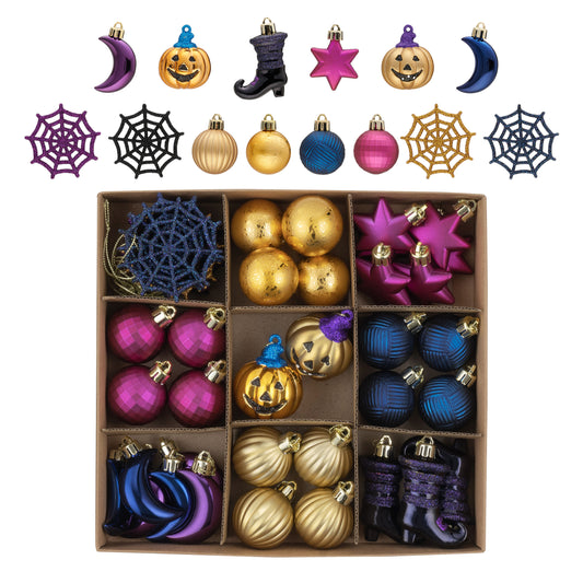 DecorbyHannah Halloween Tree Ornaments Decorations Indoor, 45ct Mini Hanging Halloween Ornaments for Small Tree with Jack-o'-Lantern and Spider Webs, Shatterproof Purple Gold Home Party Table Decor