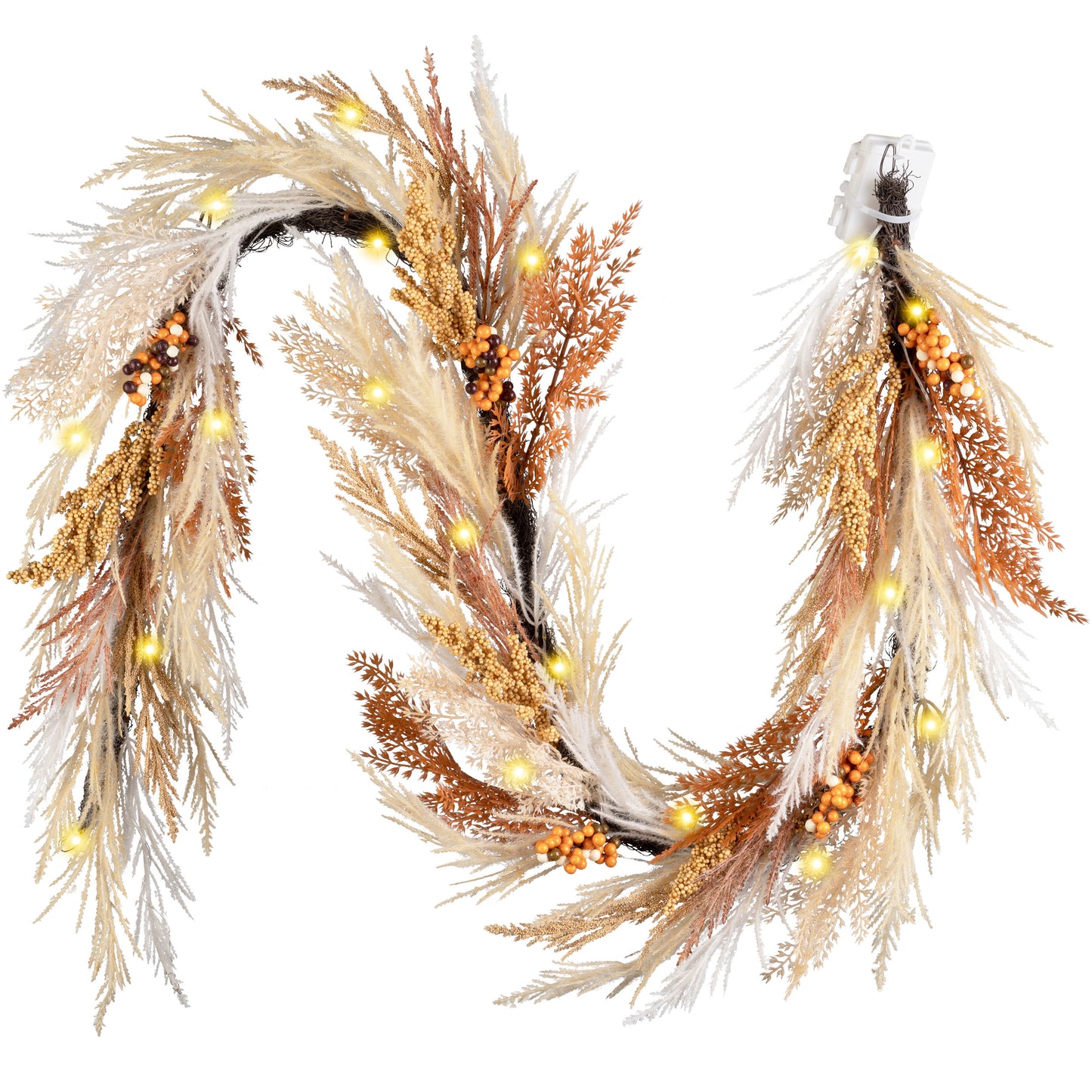 DecorbyHannah Fall Garland with Lights, 6ft Artificial Faux Pampass Grass Autumn Thanksgiving Garland for Mantle, Farmhouse Boho Neutral Home Decor for Table Centerpiece Wall Window Indoor Outdoor Use