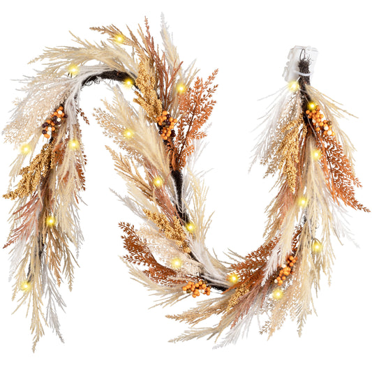 DecorbyHannah Fall Garland with Lights, 6ft Artificial Faux Pampass Grass Autumn Thanksgiving Garland for Mantle, Farmhouse Boho Neutral Home Decor for Table Centerpiece Wall Window Indoor Outdoor Use