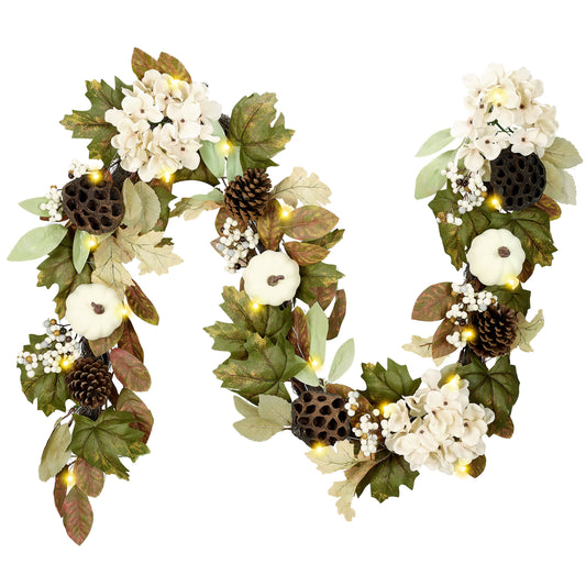 DecorbyHannah Fall Garland with Lights, 6 ft Artificial Autumn Harvest Garland for Mantle, Fall Decor with Pumpkin Pinecone Berries Lotus Maple Leaves for Front Door Table Fireplace Wall Outdoor