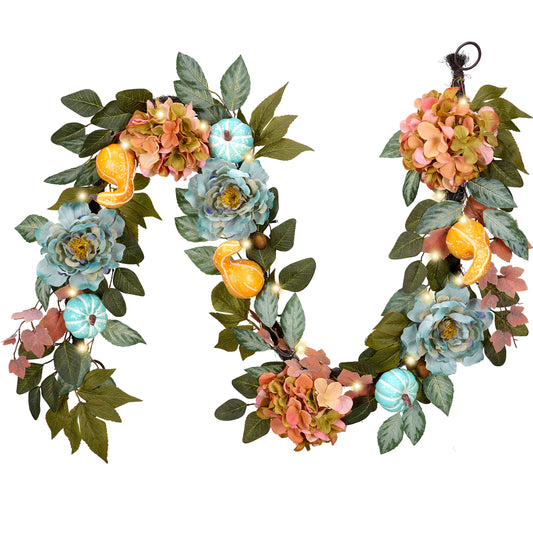 DecorbyHannah Fall Garland with Lights for Mantle, 6 Ft Artificial Autumn Floral Garland with Peony Hydrangea and Pumpkins for Harvest Thanksgiving Indoor Outdoor Decorations Table Centerpiece