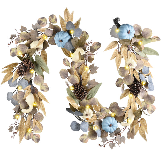 DecorbyHannah Fall Garland with Lights, 6 ft Artificial Autumn Harvest Garland for Mantle, Blue Fall Thanksgiving Decor with Pumpkin Pinecone Eucalyptus for Front Door Table Wall Indoor Outdoor Use