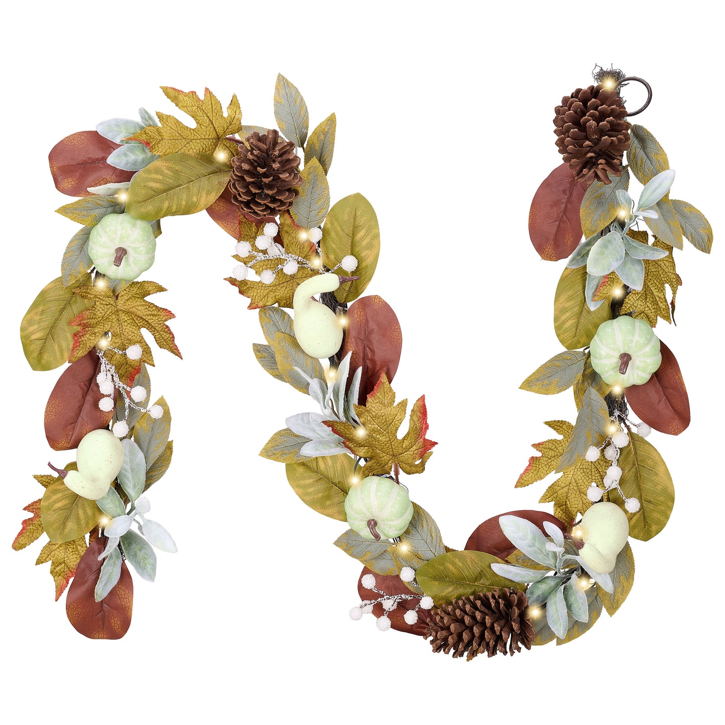 DecorbyHannah Thanksgiving Garland with Lights for Front Door, 6 ft Artificial Fall Garland with Green Pumpkin Pinecone Berries Leaves for Mantle Table Fireplace Wall Outdoor Harvest Decor