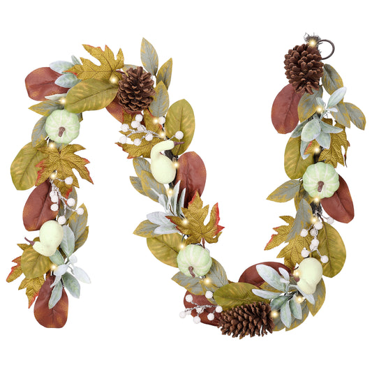 DecorbyHannah Thanksgiving Garland with Lights for Front Door, 6 ft Artificial Fall Garland with Green Pumpkin Pinecone Berries Leaves for Mantle Table Fireplace Wall Outdoor Harvest Decor