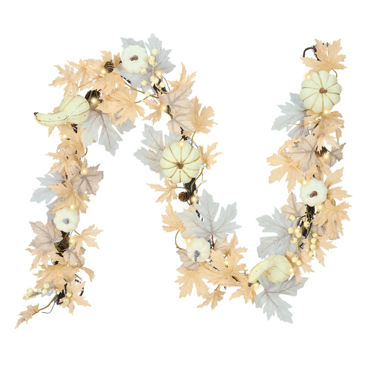 DecorbyHannah Fall Garland with Lights for Front Door, 6 ft Artificial Autumn Leaves Garlands with Pumpkin Maple Leaves for Table Fireplace Backdrop Wall Outdoor Harvest Thanksgiving Decor, White