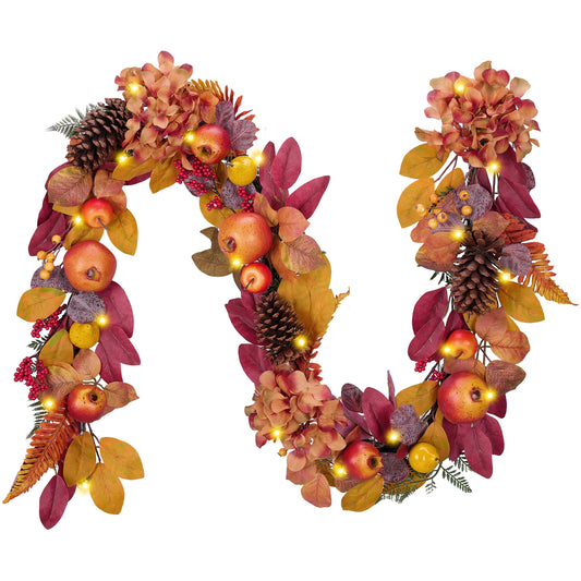 DecorbyHannah Fall Leaves Garland with Lights, 6 ft Artificial Autumn Harvest Garland for Mantle, Fall Thanksgiving Decor with Pomegranate Pinecone Fruits for Front Door Table Wall Indoor Outdoor Use