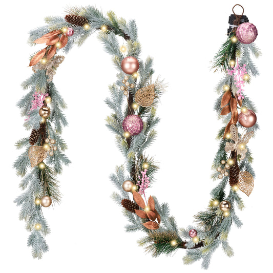 DecorbyHannah Christmas Garland with Lights, 9Ft Prelit Pink Christmas Garland for Mantle, Stairs Railing and Fireplace, Lighted Xmas Real Touch Norfolk Pine Garlands with Ornaments for Outdoor Decor