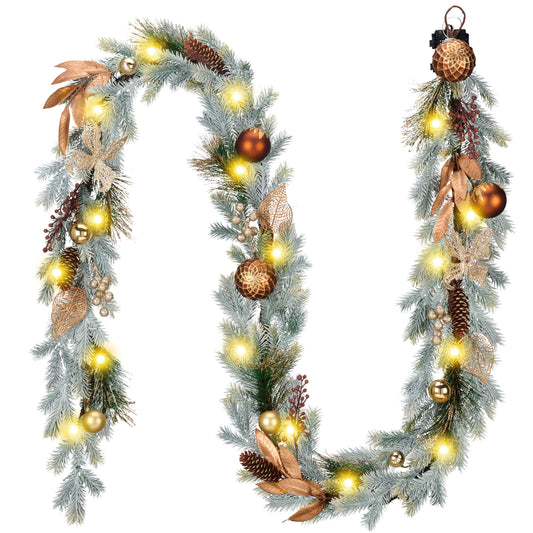 DecorbyHannah Christmas Garland with Lights, 9Ft Prelit Christmas Garland for Mantle, Stairs Railing and Fireplace, Lighted Xmas Real Touch Norfolk Pine Garlands with Ornaments for Outdoor Decor