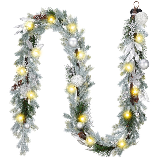DecorbyHannah Christmas Garland with Lights, 9Ft Prelit Silver Christmas Garland for Mantle, Stairs Railing, Fireplace, Lighted Xmas Real Touch Norfolk Pine Garlands with Ornaments for Outdoor Decor
