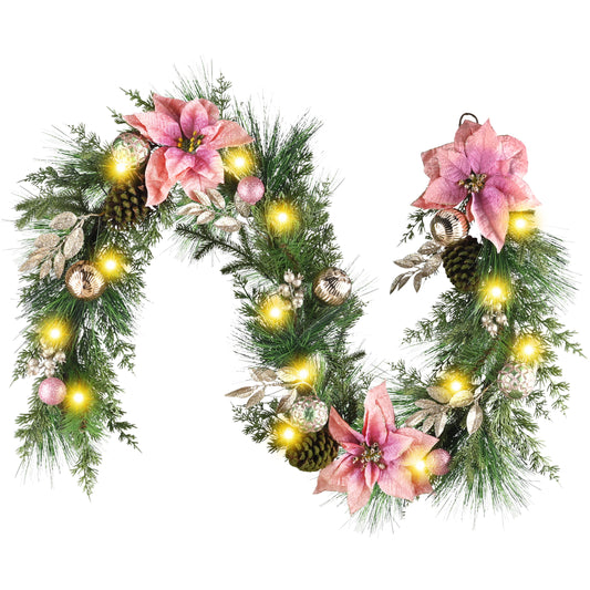 DecorbyHannah Pink Christmas Garland with Lights, 9Ft Prelit Poinsettia Christmas Garland for Mantle, Stairs Railing, Lighted Xmas Garlands with Pine Cone, Ornaments for Home Outdoor Decor