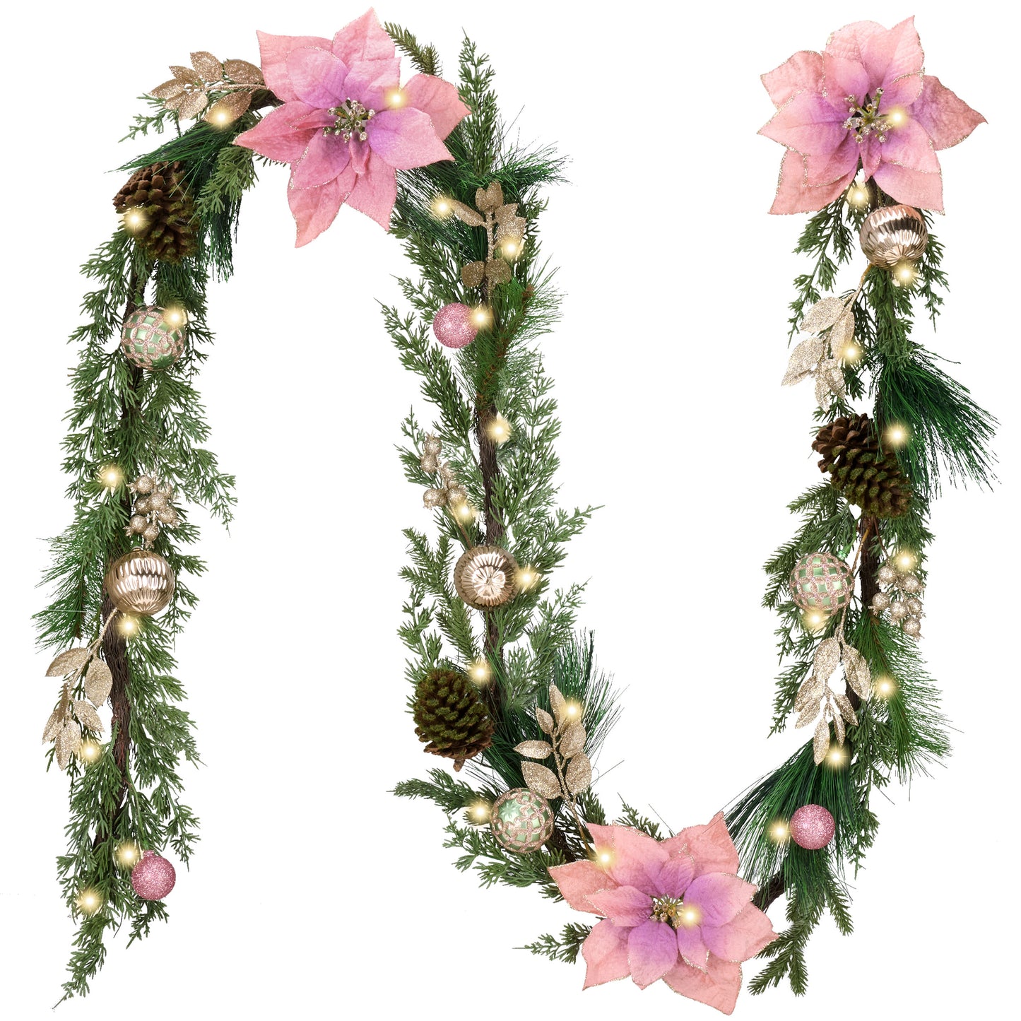 DecorbyHannah Pink Christmas Garland with Lights, 9Ft Prelit Poinsettia Christmas Garland for Mantle, Stairs Railing, Lighted Xmas Garlands with Pine Cone, Ornaments for Home Outdoor Decor