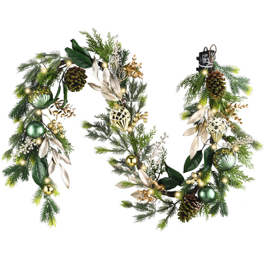 DecorbyHannah Christmas Garland with Lights, 6Ft Prelit Christmas Garland for Mantle, Stairs Railing, Lighted Xmas Garlands with Pine Cone, Bow Ornaments for Home Outdoor Decor(Green Gold)