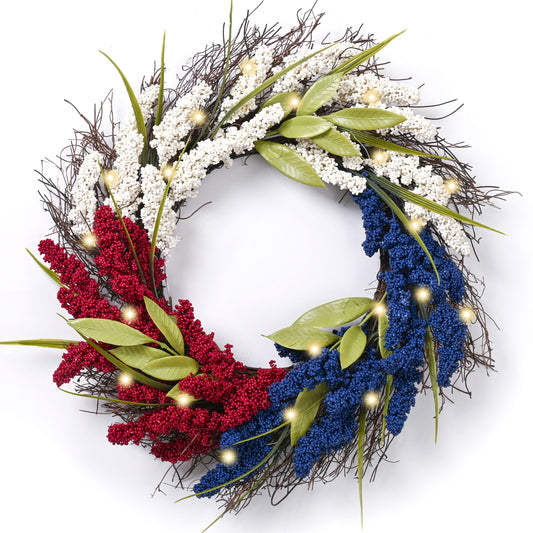 DecorbyHannah Patriotic Memorial Day Wreath for Front Door, 20 Inch 4th of July Wreaths with Lights, Collasible Red White Blue Wheat Door Wreath Decorations for Porch for Independence Holiday Day