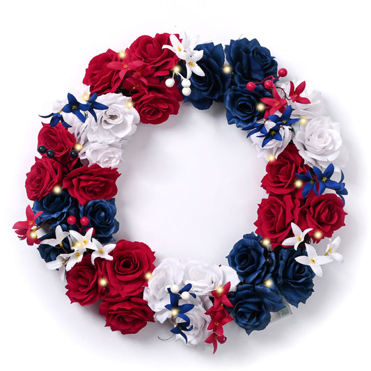 Decorbyhannah 24 inch Patriotic Wreaths for font Door, Lighted Collasible Large Memorial Day Wreath for Outdoor Cemetery,4th of July Red White and Blue Roses American Door Wreath for Home Decorations