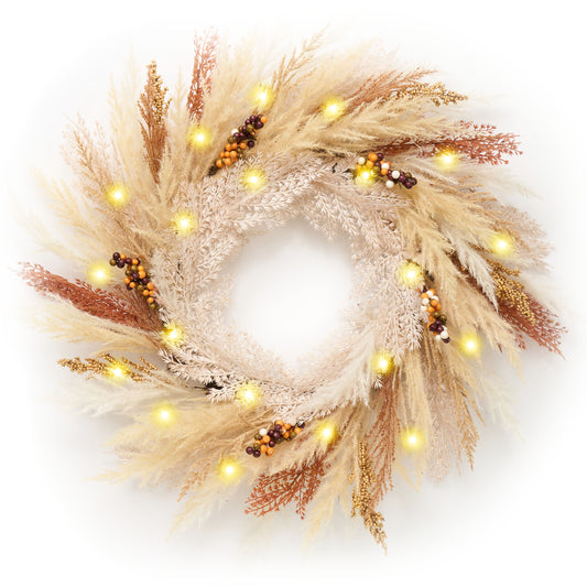 DecorbyHannah Collapsible Thanksgiving Wreath, 24'' Pre-Lit Artificial Pampas Grass Fall Wreath for Front Door, Boho Farmhouse Wall Decor for Autumn Harvest Home Outdoor Decorations