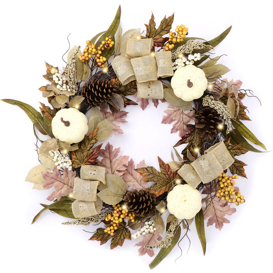 DecorbyHannah Collapsible Thanksgiving Wreaths for Front Door, 24 inch Pre-Lit Fall Wreath with Pumpkin Berries Pinecone Maple Leaves Bows for Harvest Home Wall Window Indoor Outdoor Decor